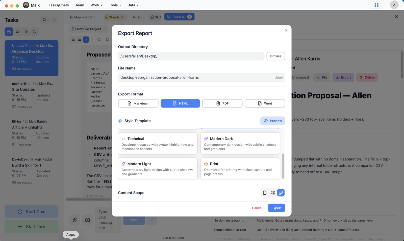 Export Report dialog showing HTML, PDF, and Word format options with style templates