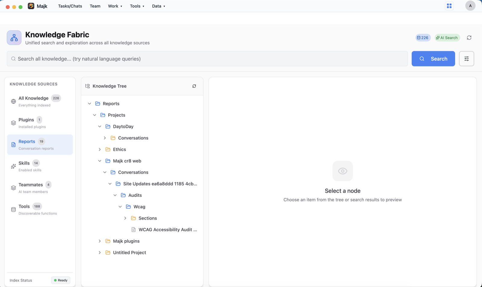 Knowledge Fabric showing a unified, searchable tree across reports, skills, teammates, tools, and plugins