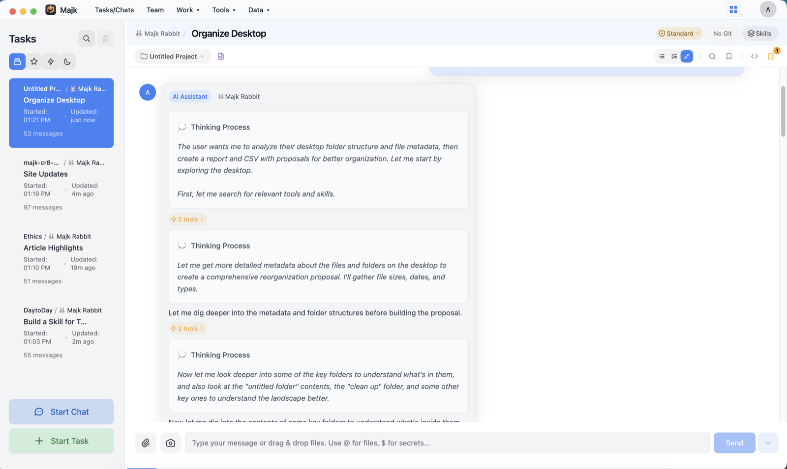 Majk working through an 'Organize Desktop' task, showing its thinking process and tool calls in real time