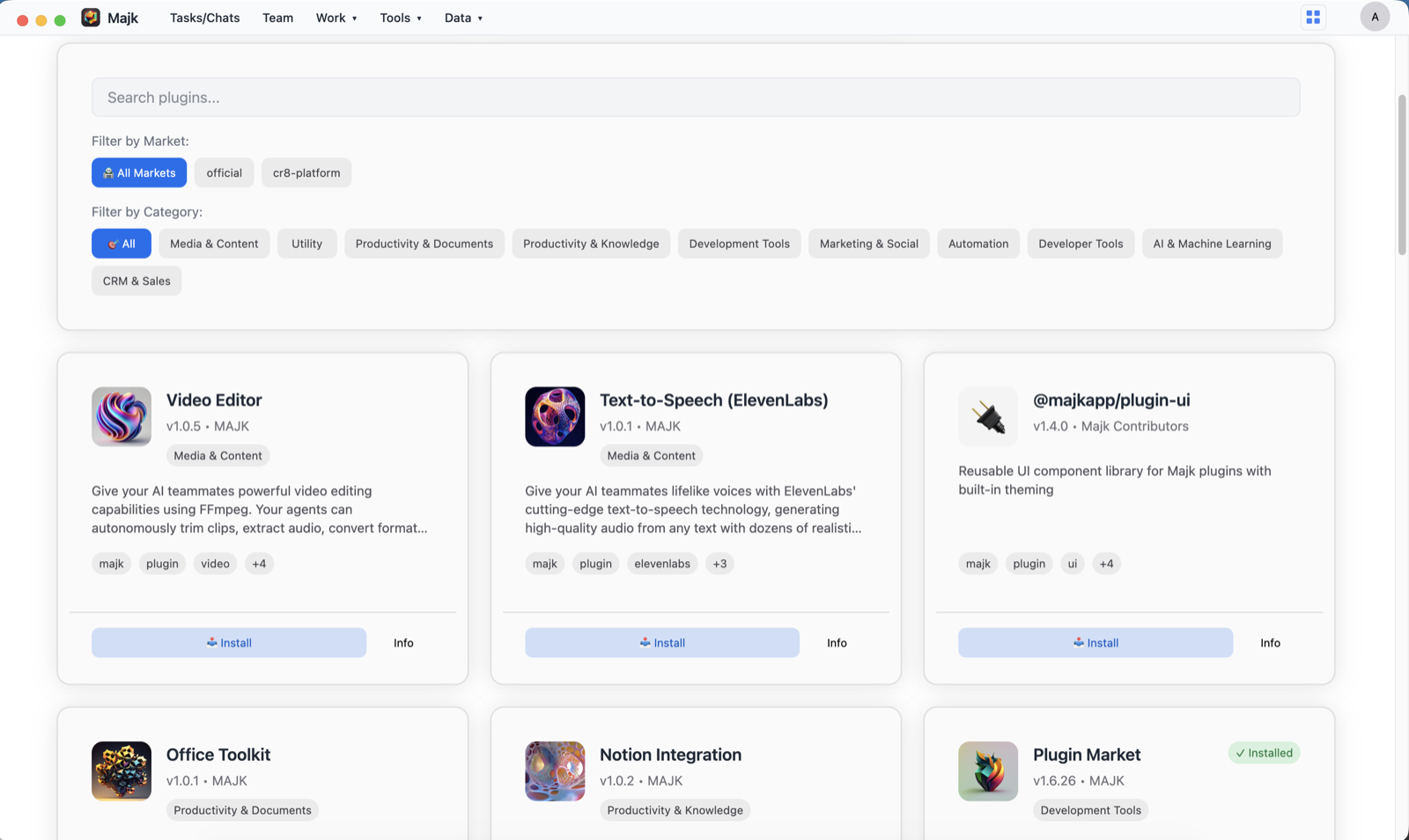 Plugin Market showing installable plugins like Video Editor, Text-to-Speech, and Notion Integration