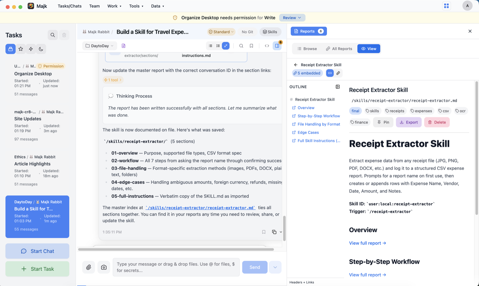 A saved 'Receipt Extractor Skill' report showing its overview, workflow, and trigger phrase