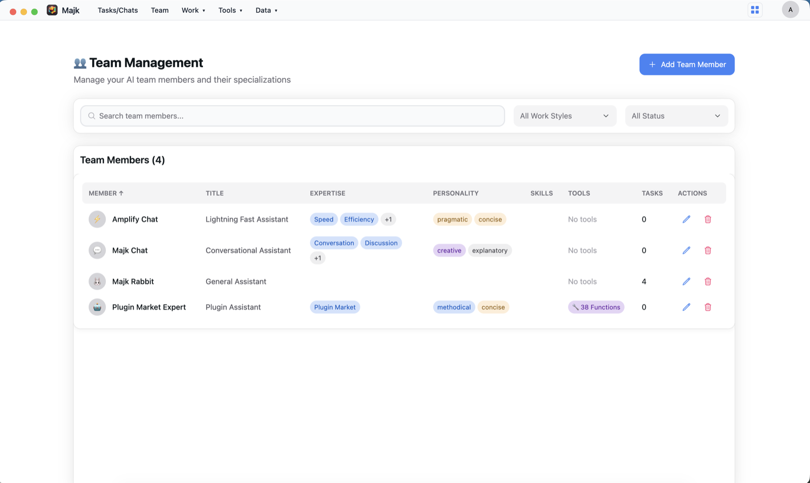 Team Management screen listing AI teammates with their expertise, personality, and tools